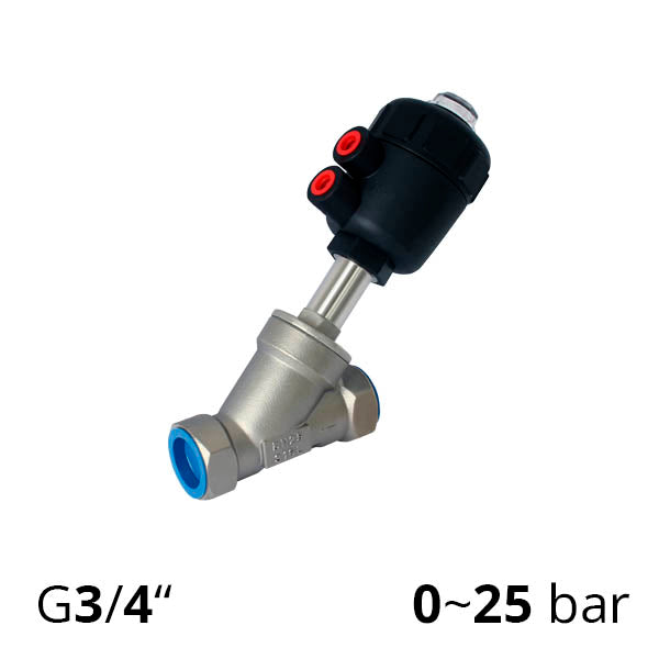 Клапан отсечной с пневмоприводом угловой резьба G3/4″, ДУ 20 - SV-HS-AS-20NC-P (Пневмопривод пластиковый)