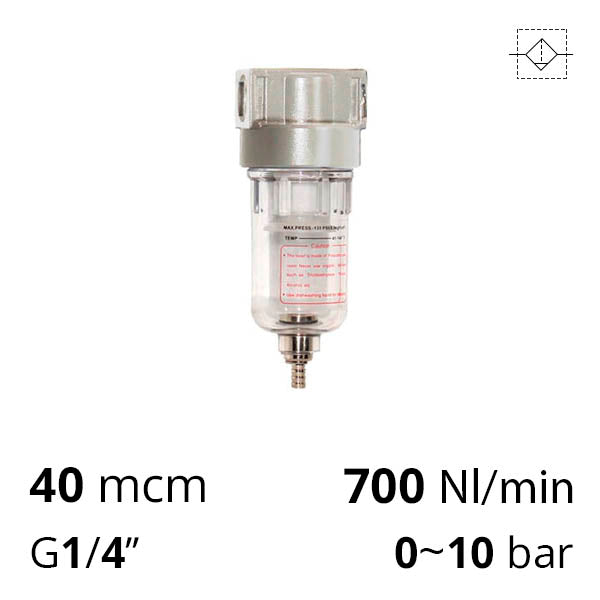 Фильтр сжатого воздуха 1/4″, 40 мкм, 10 бар, 700 нл/мин (SA-FM10-08)