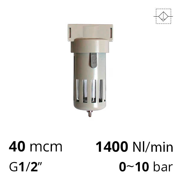 Фільтр стисненого повітря 1/2″, 40 мкм, 10 бар, 1400 л/хв (SA-FM40-15)