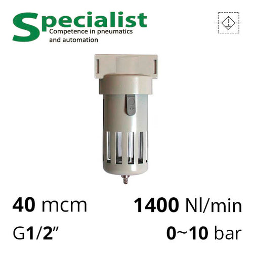 Фильтр сжатого воздуха 1/2", 40 мкм, 10 бар, 1400 л/мин (SA-FM40-15)