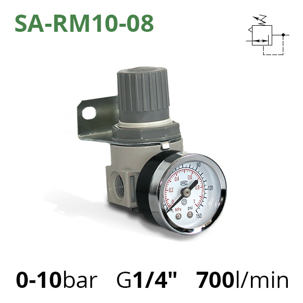 SA-RM10-18 - Регулятор тиску повітря з манометром: різьблення G1/4", 0-10 бар, витрата 700 л/хв