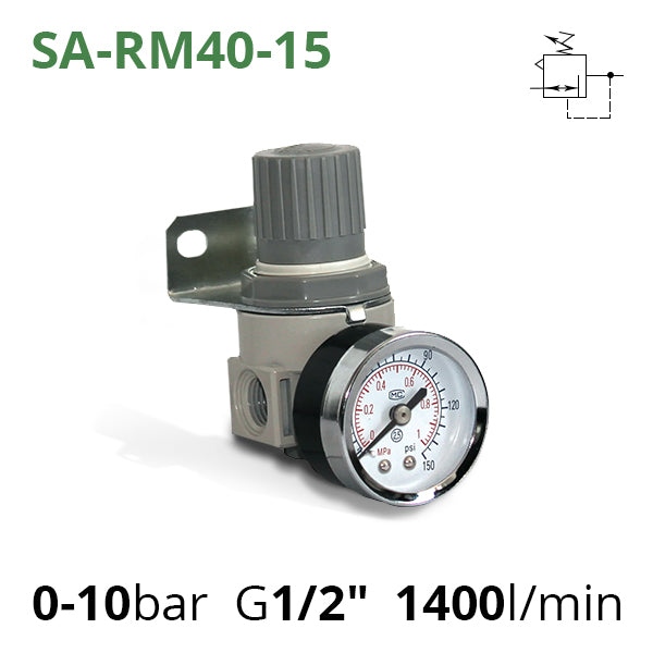 SA-FM40-15 - Регулятор тиску повітря з манометром: різьблення G1/2", 0-10 бар, витрата 1400 л/хв