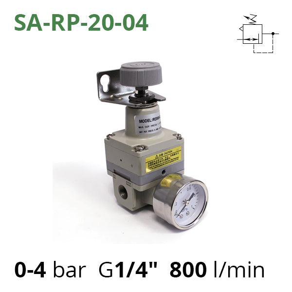 SA-RP-20-04 - Презиційний регулятор тиску повітря з манометром: різьблення G1/4", 0-4 бар, витрата 800 л/хв