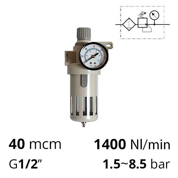 Фільтр-регулятор повітря 1/2″ з манометром, 40 мкм, 8.5 бар, 1400 л/хв (SA-WM40-15)