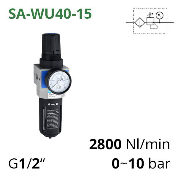 Фільтр-регулятор повітря 2800 л/хв, 1/2", 25 мкм (SA-WU40-15) з манометром та кронштейном
