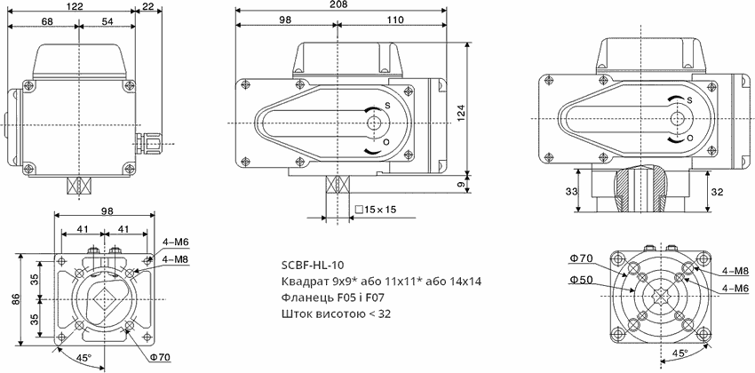 Креслення розмірів електроприводу SCBF-HL-10-(A) для запірної та регульованої арматури