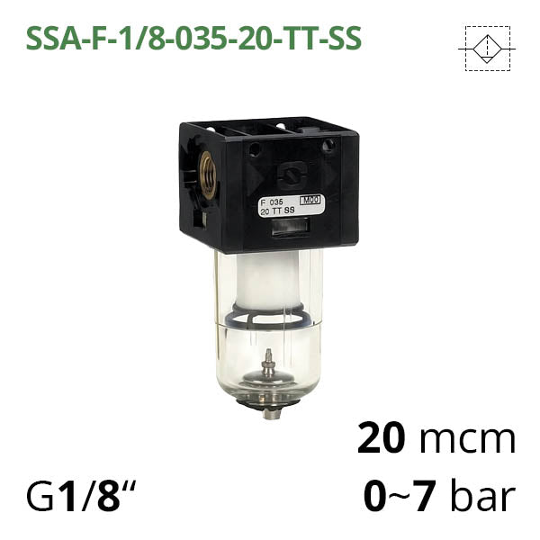 Фільтр стиснутого повітря 0-7 бар, 1/8", 20 мкм (SSA-F-1/8-035-20-TT-SS)