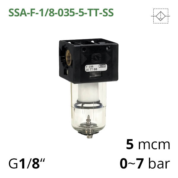 Фільтр стиснутого повітря 0-7 бар, 1/8", 5 мкм (SSA-F-1/8-035-5-TT-SS)