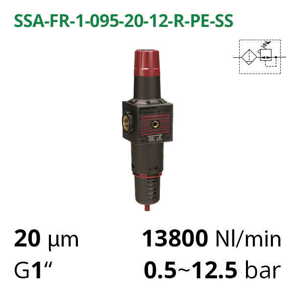 Фільтр-регулятор повітря 13800 л/хв, до 12 бар, 1", 20 мкм (SSA-FR-1-095-20-08-R-PE-SS)