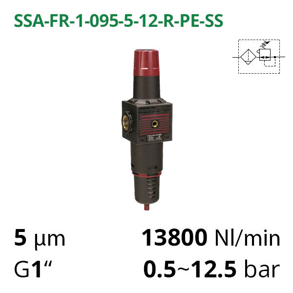 Фільтр-регулятор повітря 13800 л/хв, до 12 бар, 1", 5 мкм (SSA-FR-1-095-5-08-R-PE-SS)