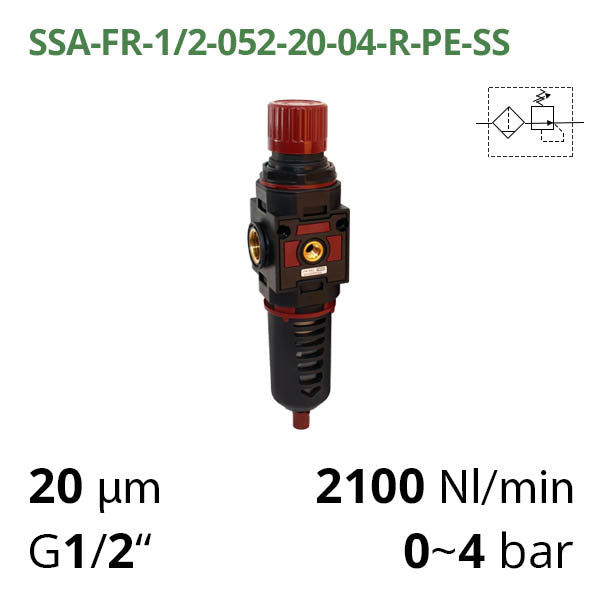 Фільтр-регулятор повітря 2100 л/хв, 0-4 бар, 1/2", 20 мкм (SSA-FR-1/2-052-20-04-R-PE-SS)