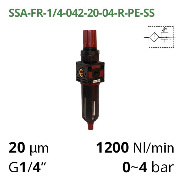 Фільтр-регулятор повітря 1200 л/хв, 0-4 бар, 1/4", 20 мкм (SSA-FR-1/4-042-20-04-R-PE-SS)