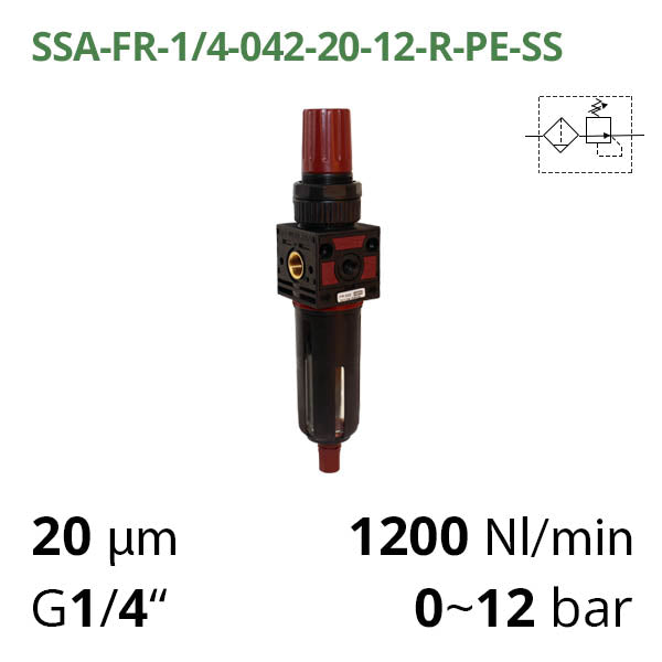 Фільтр-регулятор повітря 1200 л/хв, 0-12 бар, 1/4", 20 мкм (SSA-FR-1/4-042-20-12-R-PE-SS)
