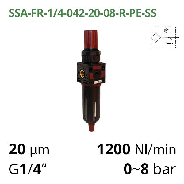 Фільтр-регулятор повітря 1200 л/хв, 0-8 бар, 1/4", 20 мкм (SSA-FR-1/4-042-20-08-R-PE-SS)