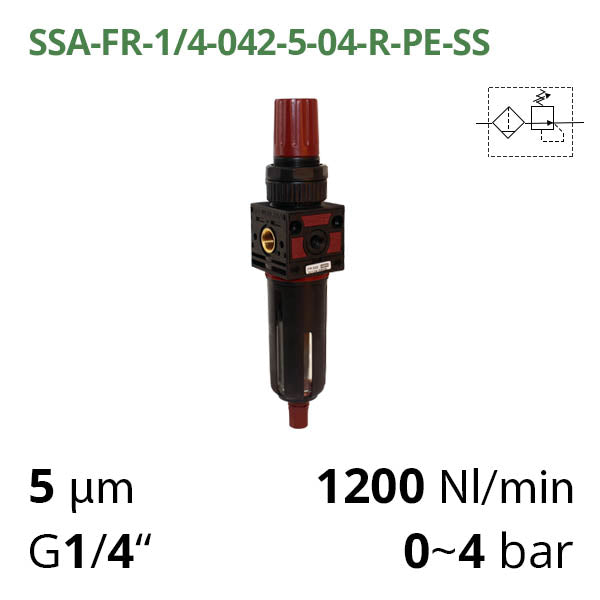 Фільтр-регулятор повітря 1200 л/хв, 0-4 бар, 1/4", 5 мкм (SSA-FR-1/4-042-5-04-R-PE-SS)