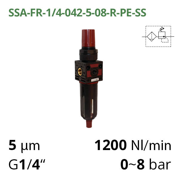 Фільтр-регулятор повітря 1200 л/хв, 0-8 бар, 1/4", 5 мкм (SSA-FR-1/4-042-5-08-R-PE-SS)