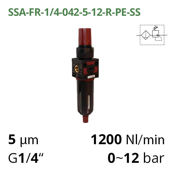 Фільтр-регулятор повітря 1200 л/хв, 0-12 бар, 1/4", 5 мкм (SSA-FR-1/4-042-5-12-R-PE-SS)