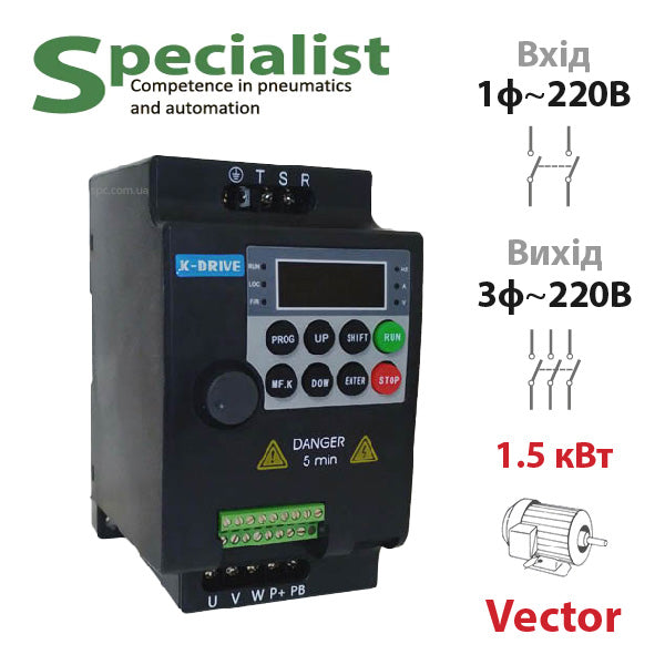 Векторный преобразователь частоты 1.5 кВт, 1Ф-3Ф 220В (SPLC-KD100-2S-1.5G)