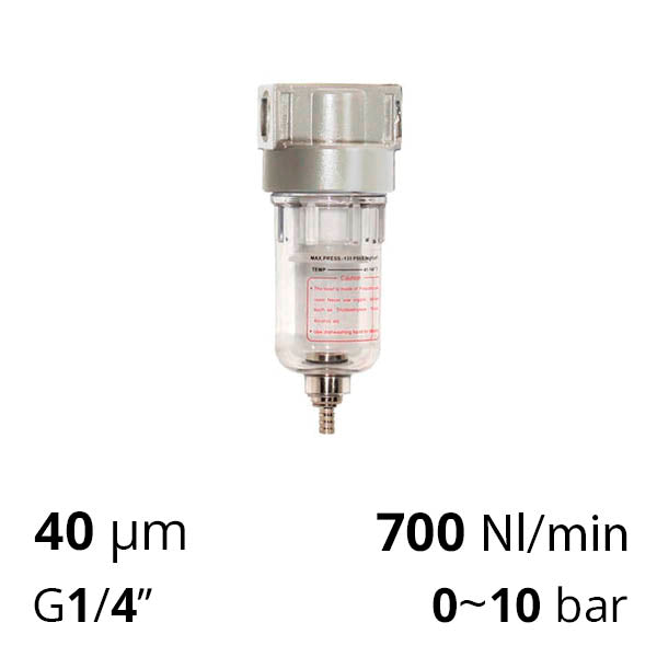 Фільтр стисненого повітря 1/4″, 40 мкм, 10 бар, 700 нл/хв (SA-FM10-08)