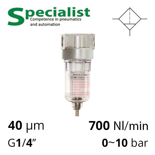 Фільтр стисненого повітря 1/4″, 40 мкм, 10 бар, 700 нл/хв (SA-FM10-08)