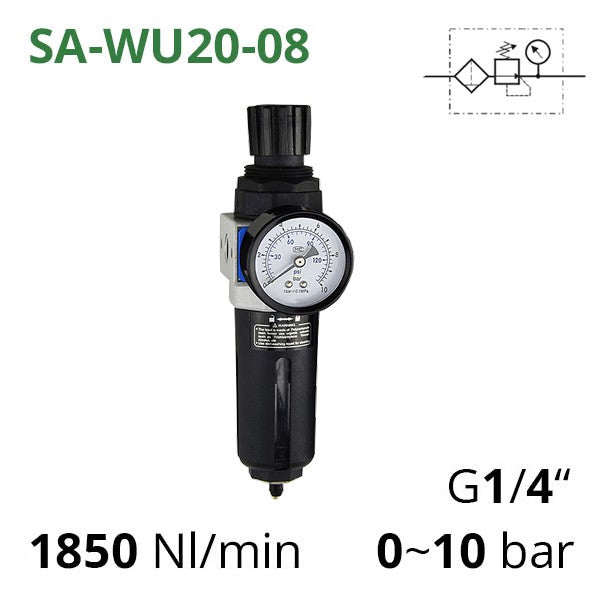 Фільтр-регулятор повітря 1850 л/хв, 1/4", 25 мкм (SA-WU20-08) з манометром і кронштейном
