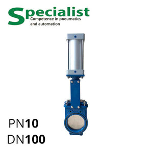 Шиберная ножевая задвижка ДУ 100 чугунная с пневмоприводом SCBF-PZ673X-10JC-100-P