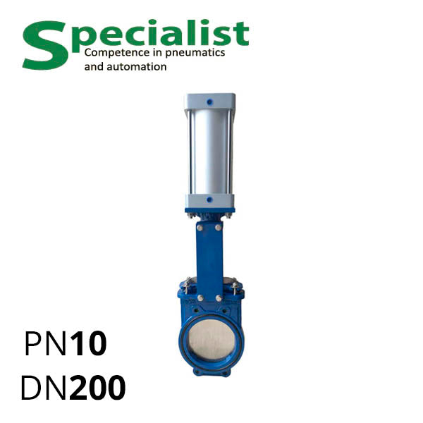 Шиберная ножевая задвижка ДУ 200 чугунная с пневмоприводом SCBF-PZ673X-10JC-200-P
