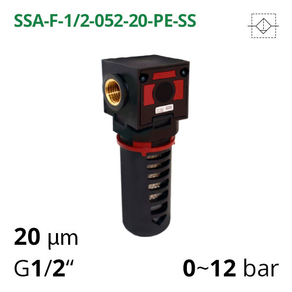 Фільтр стиснутого повітря 0-12 бар, 1/2", 5-20 мкм (SSA-F-12-052-20-PE-SS)