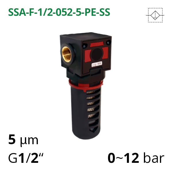 Фільтр стиснутого повітря 0-12 бар, 1/2", 5-20 мкм (SSA-F-12-052-5-PE-SS)