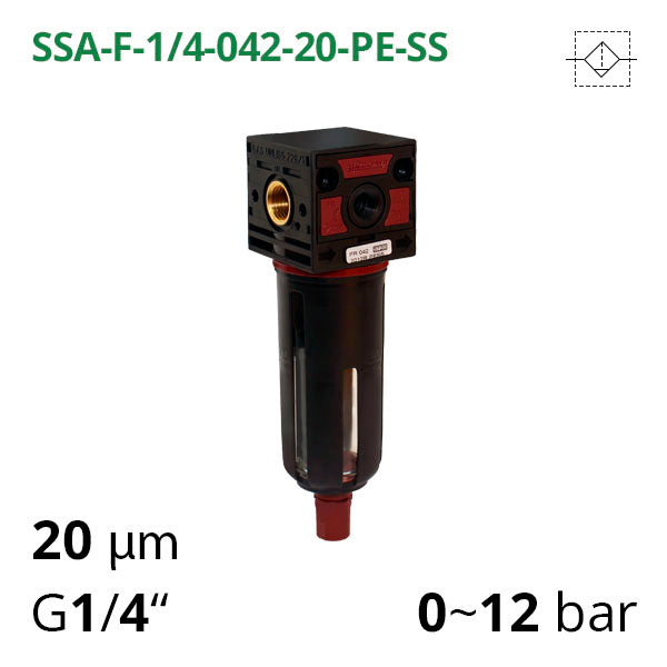 Фільтр стиснутого повітря 0-12 бар, 1/4", 5-20 мкм (SSA-F-14-042-20-PE-SS)