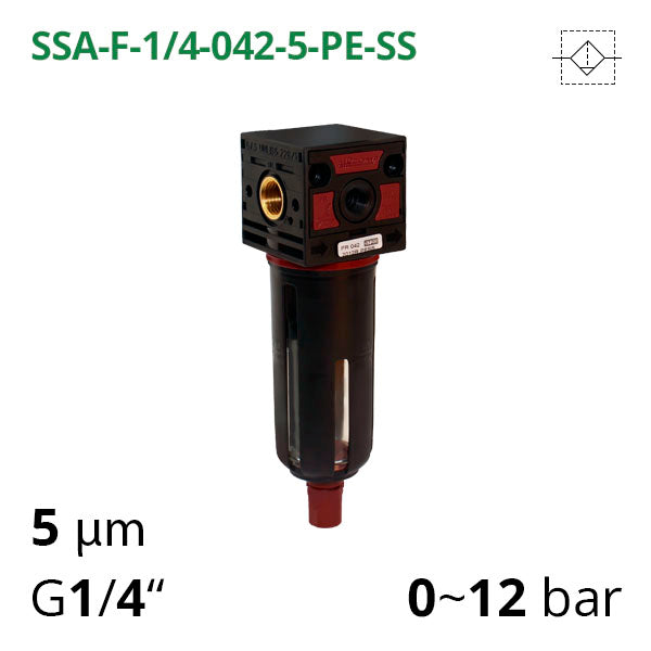 Фільтр стиснутого повітря 0-12 бар, 1/4", 5-20 мкм (SSA-F-14-042-5-PE-SS)