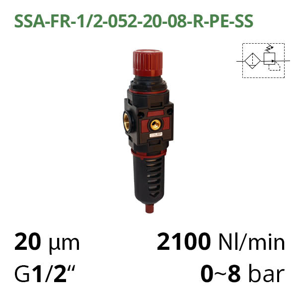 Фільтр-регулятор повітря 2100 л/хв, 0-8 бар, 1/2", 20 мкм (SSA-FR-1/2-052-20-08-R-PE-SS)