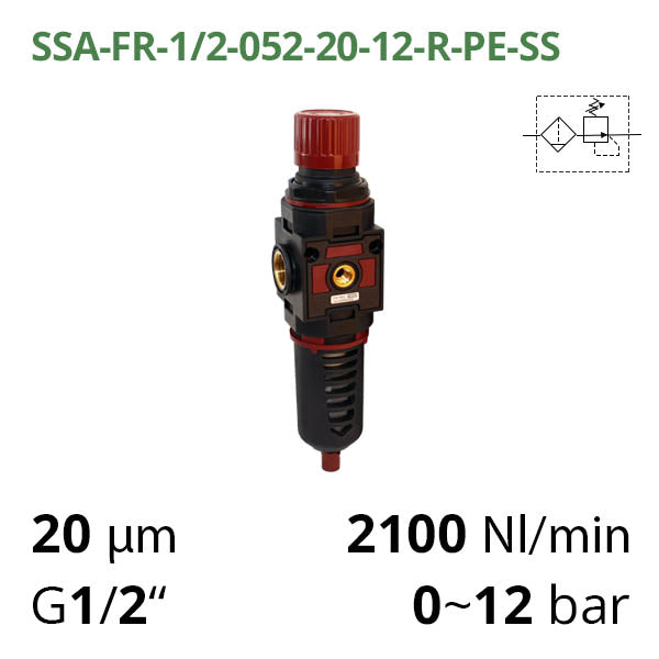 Фільтр-регулятор повітря 2100 л/хв, 0-12 бар, 1/2", 20 мкм (SSA-FR-1/2-052-20-08-R-PE-SS)