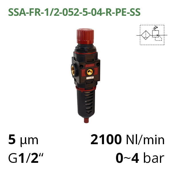 Фільтр-регулятор повітря 2100 л/хв, 0-4 бар, 1/2", 5 мкм (SSA-FR-1/2-052-5-04-R-PE-SS)