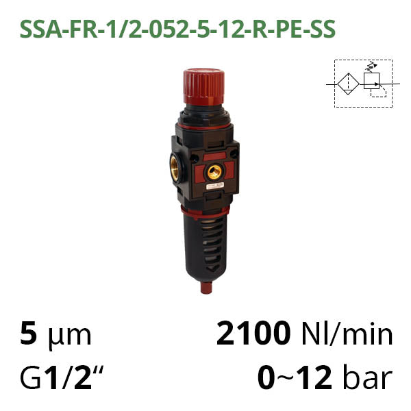 Фільтр-регулятор повітря 2100 л/хв, 0-12 бар, 1/2", 5 мкм (SSA-FR-1/2-052-5-08-R-PE-SS)