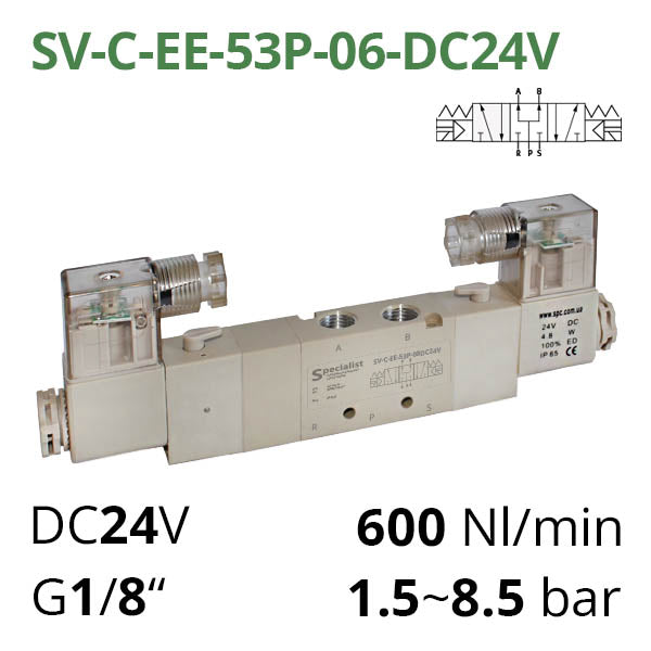 Пневматический распределитель 5/3 серий SV-C (D, E, EL) с электропневматическим управлением