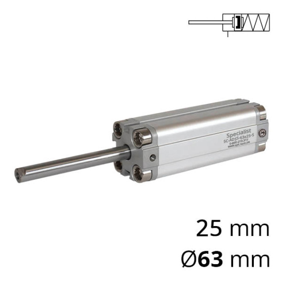 Compact pneumatic cylinder of the SC-ADSS series with a return spring in a rodless cavity