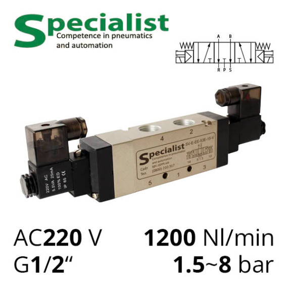 Pneumatic distributor 5/3 with electromagnetic control, thread 1/2″ SV-E2-EE-53E-15-V series