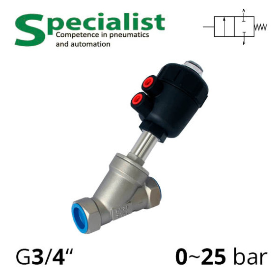 Shut-off valve with pneumatic drive, angle thread G3/4″, DU 20 - SV-HS-AS-22NC-20-121 (Pneumatic drive plastic)