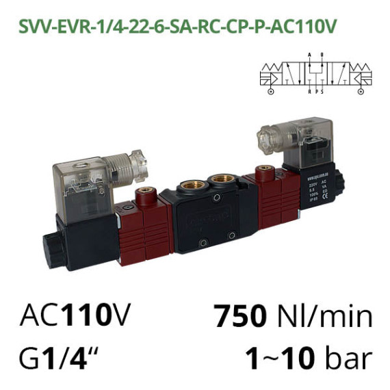 Electropneumatic distributor 5/3 AIRCOMP connection 1/4 with 2 electromagnets and external control
