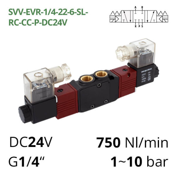 Pneumatic distributor 5/3 AIRCOMP connection 1/4 with 2 electromagnets