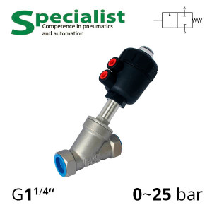 Shut-off valve with pneumatic drive, angle thread G 1¼″, DU 32 - SV-HS-AS-22NC-32-121 (Pneumatic drive plastic)