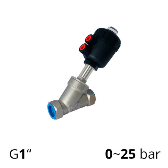 Shut-off valve with pneumatic drive, angle thread G1″ (inch), DU 25 - SV-HS-AS-22NC-25-121 (Pneumatic drive plastic)