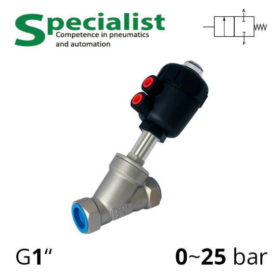 Shut-off valve with pneumatic drive, angle thread G1″ (inch), DU 25 - SV-HS-AS-22NC-25-121 (Pneumatic drive plastic)