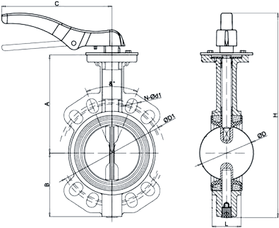 Drawing of butterfly valve DN50 mm PN16 model D670 Specialist