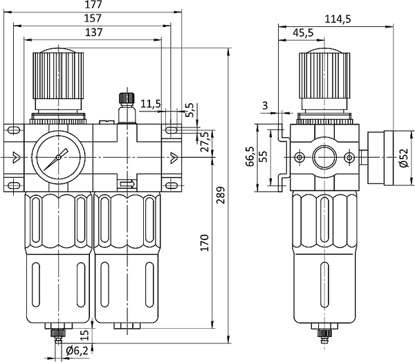 Креслення фільтра-регулятора-лубрикатора G3/4’’ або G1’’ типорозміру SA-CN60