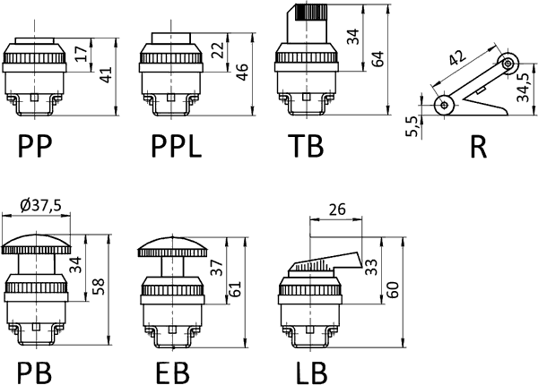 Чертеж кнопок и селекторов для SV-H-PB-32