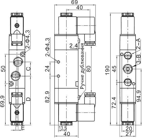 Розміри пневморозподільника 4V320-08 (10) на кресленні