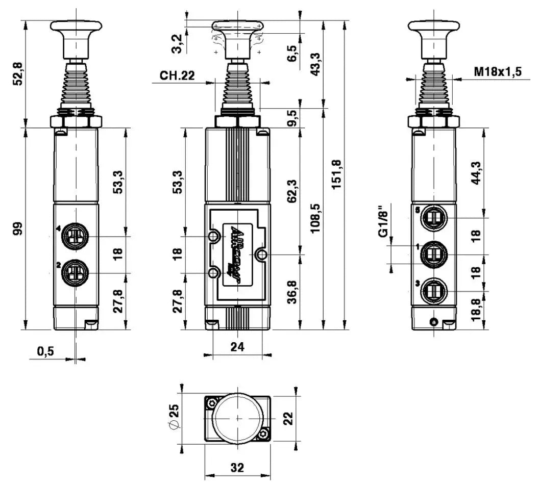 2D креслення пневморозподільника 5/2 Aircomp з механічним елементом TA
