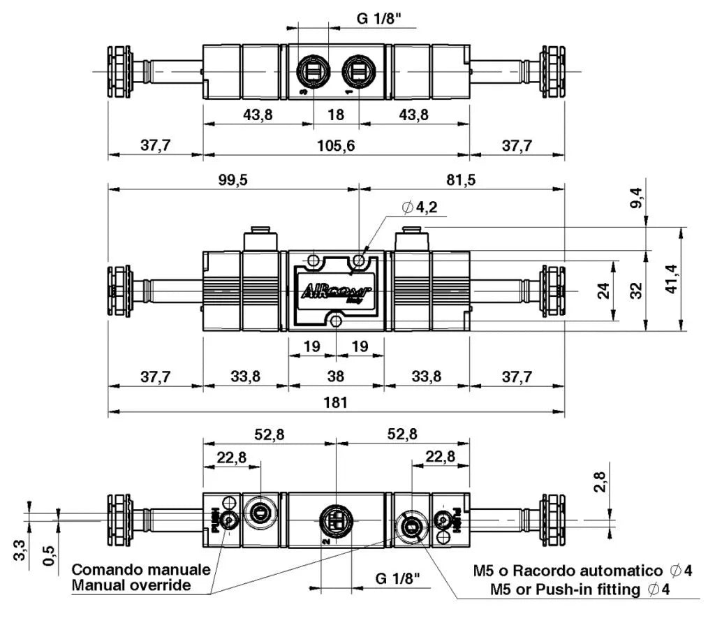 2D креслення електропневматичного розподільника 3/2 AIRCOMP з 2 котушками із зовнішнім керуванням